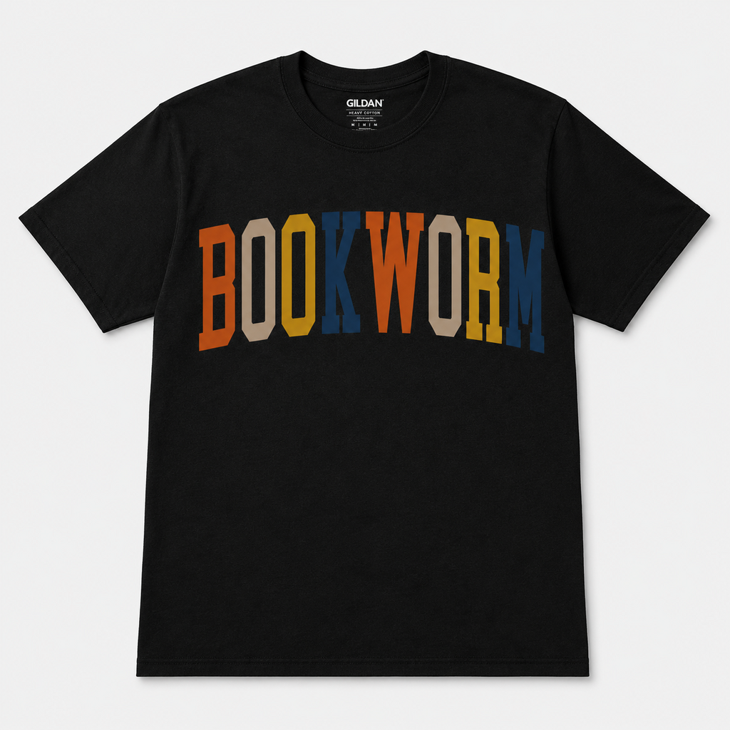 Black Gildan T-shirt with “BOOKWORM” in orange, gold, navy, and neutral varsity lettering.