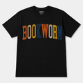Black Gildan T-shirt with “BOOKWORM” in orange, gold, navy, and neutral varsity lettering.