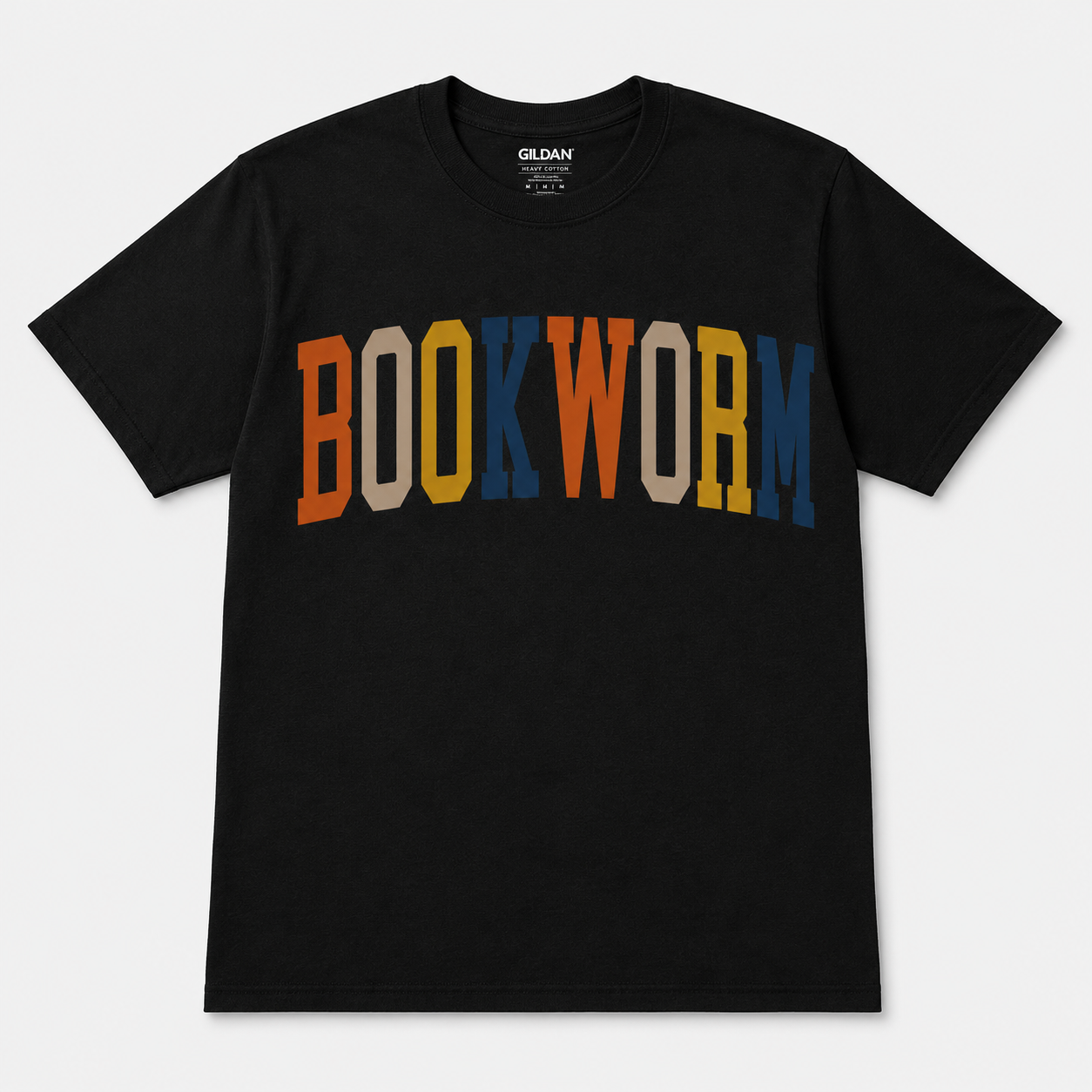 Black Gildan T-shirt with “BOOKWORM” in orange, gold, navy, and neutral varsity lettering.