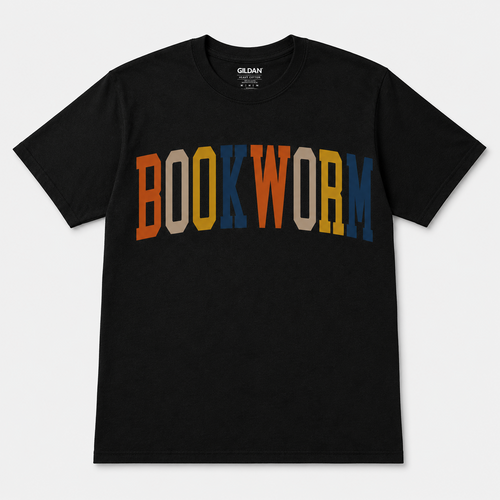 Black Gildan T-shirt with “BOOKWORM” in orange, gold, navy, and neutral varsity lettering.