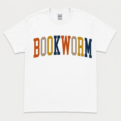 White Gildan T-shirt with “BOOKWORM” in orange, gold, navy, and neutral varsity lettering.