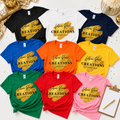 Nine colorful custom T-shirts displaying the Latina Renee Creations logo beside a blank order clipboard.