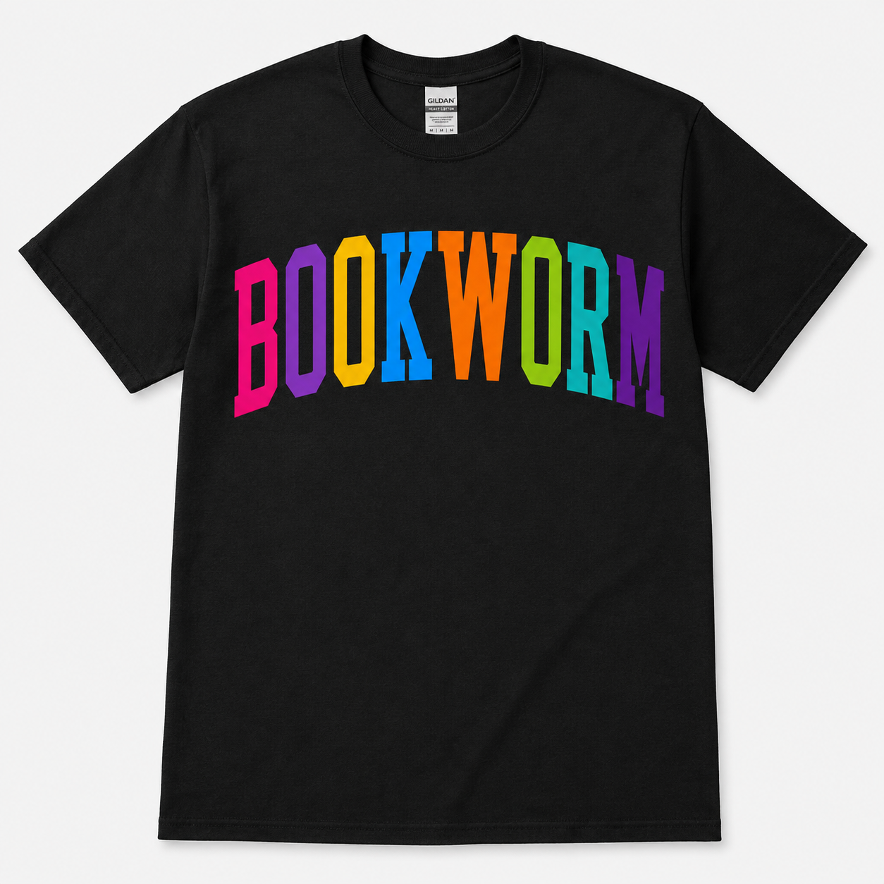 Black Gildan T-shirt with “BOOKWORM” in bright rainbow-colored varsity lettering.
