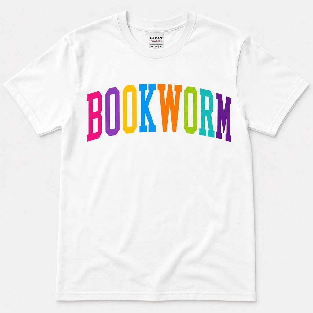 White Gildan T-shirt with “BOOKWORM” in bright rainbow-colored varsity lettering.