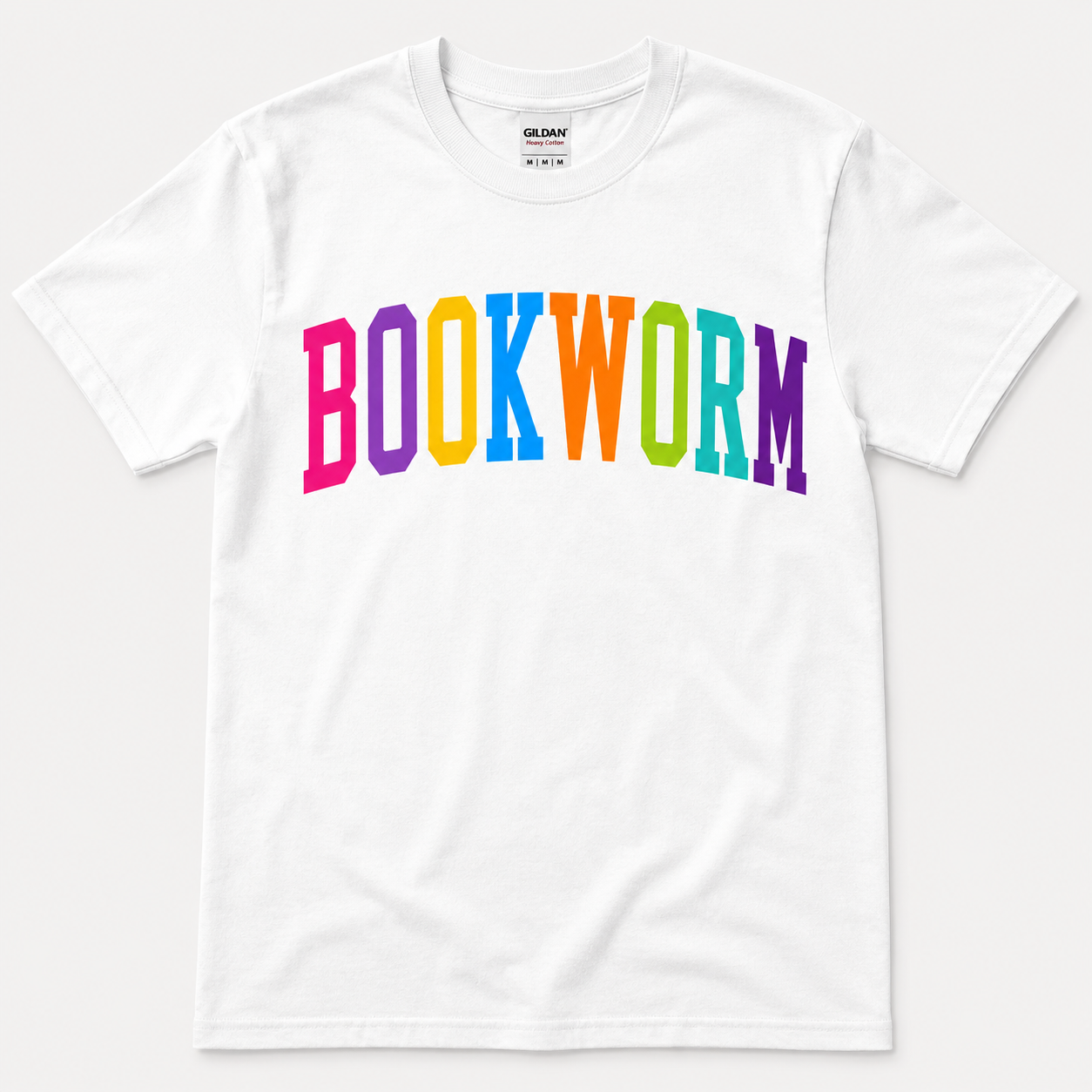 White Gildan T-shirt with “BOOKWORM” in bright rainbow-colored varsity lettering.