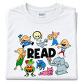 White folded Gildan T-shirt with colorful children’s book-style characters surrounding the word “READ.”