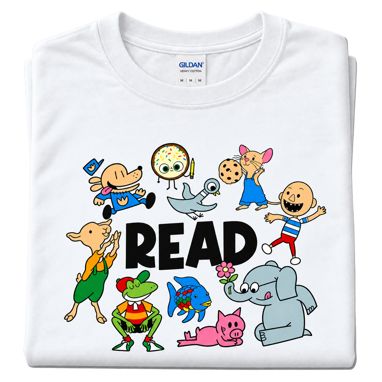 White folded Gildan T-shirt with colorful children’s book-style characters surrounding the word “READ.”